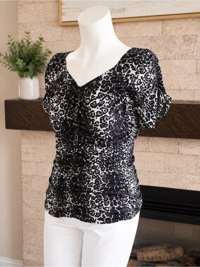 St John Collection Ruched Leopard Print Stretch Knit Top Black White Medium